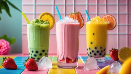 Aufkleber - Set of three bright summer bubble tea beverages, complete with tapioca pearls and ice, arranged on a colorful tiled background
