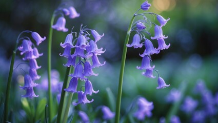 Aufkleber - Bright Violet Bluebell Flowers with Green Foliage in Nature