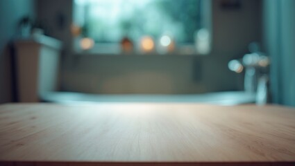 Aufkleber - Wooden bath table in an interior space with blurred background and soft lighting