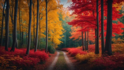 Poster - Beautiful Autumn Scene with Bright Red and Golden Leaves in Nature