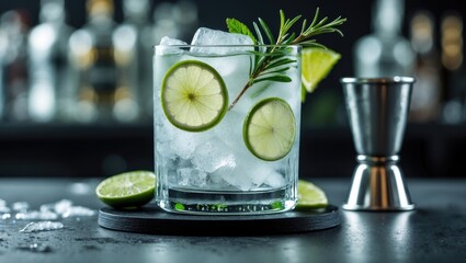 Poster - Traditional gin tonic beverage with dry gin, tonic, lime garnish, and ice