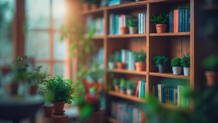 Poster - Hazy background featuring a tastefully organized bookshelf full of books and complemented by flourishing green plants, generating a serene and approachable setting.