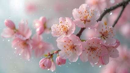 Poster - Isolated pink cherry blossoms on a branch against a white sky, representing spring season