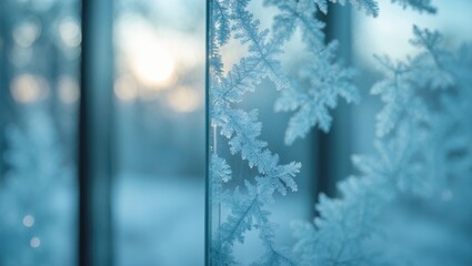 Poster - Blue Frost Background Featuring Closeup Frozen Window Pane with Icy Frost Patterns