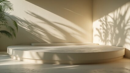 Poster - Stylish minimalist room with a podium, highlighted by natural sunlight shadows on a light backdrop