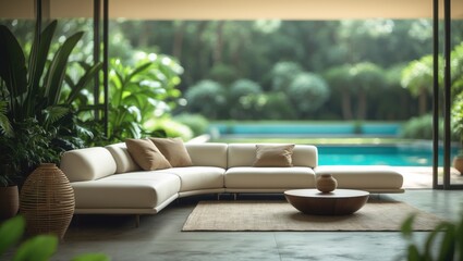 Poster - Modern interior featuring a sectional sofa, bamboo decor, and greenery, with a blurred background emphasizing comfort and elegance