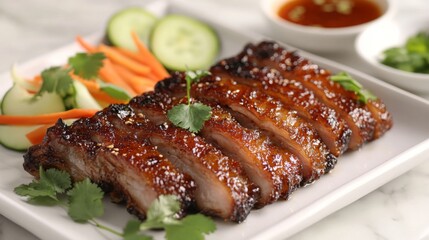 Poster - Crispy, golden-brown slices of pork belly glistening with fish sauce, served on a white plate alongside a garnish of fresh herbs and sliced vegetables.