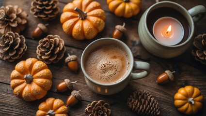 Aufkleber - Seasonal fall flat lay scene with pumpkins, coffee mug, nuts, acorns, and candle on wooden tabletop for Thanksgiving