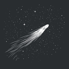 Wall Mural - illustration of a comet with a bright glowing tail flying through a starry night sky in outer space
