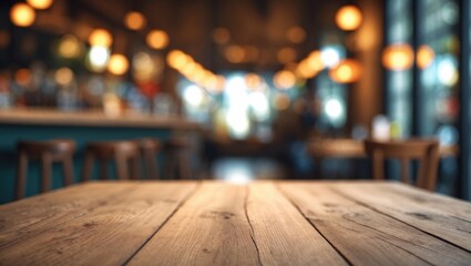 Poster - Wooden tabletop with a blurred store interior background, suitable for product display or montage