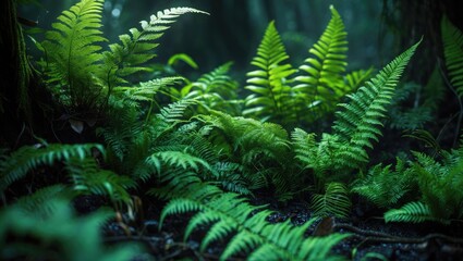 Poster - Wild fern amidst the rainforest jungle. Detailed nature backdrop.