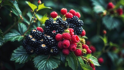 Poster - Close-up of a blackberry bush with delicious, ripe, and green wild blackberries