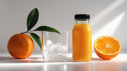 Poster - Juice bottle featuring orange slices and ice in a clear glass