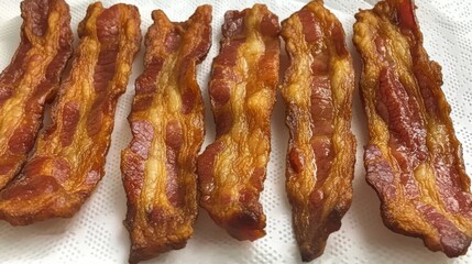 Poster - Golden, crispy bacon strips laid out in a neat row on a white paper towel to absorb excess grease, with glistening fat.