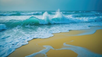 Poster - Tropical ocean scene featuring large blue and aquamarine waves, yellow sand, and white spray