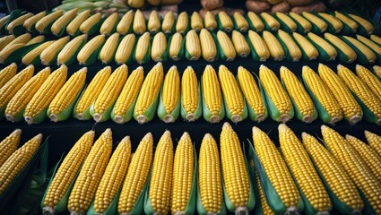 Poster - Organic corn cobs displayed at the market with vibrant summer background