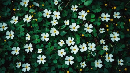 Poster - Natural summer texture featuring white blossoms and lush green clover leaves