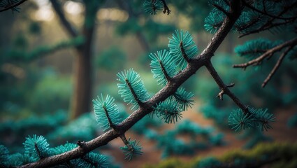Poster - Branches of a coniferous tree featuring small volumetric needles in light turquoise green blue