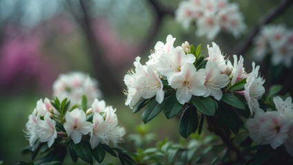 Fototapete - Blooming white azaleas and rhododendron tree in spring, tender flowers on a bush, with room for text.