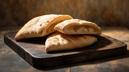 Poster - Fresh pita bread and flatbreads on a wooden board, with space for custom text