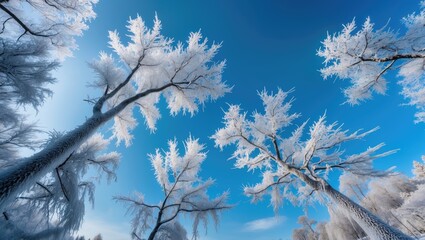 Leinwandbilder - Frost-covered branches of trees sparkle in the clear blue sky, reflecting the beauty of winter in a tranquil forest, emphasizing elegance.