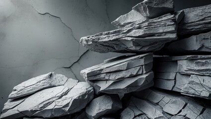 Poster - Gray grungy background with black white rock texture, cracked layers up close, ample space for design