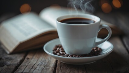 Poster - Hot coffee in a cup placed on vintage wooden surface