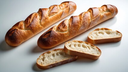 Poster - Golden baked baguette and its slices displayed on white background