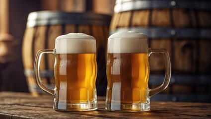 Poster - Two mugs of beer placed near a wooden barrel.