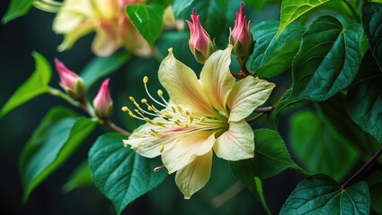 Wall Mural - Decorative climbing honeysuckle showcasing yellowish flowers, pink buds, and vivid green foliage