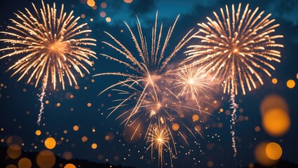 Poster - Holiday-themed abstract background with gold and dark blue fireworks and bokeh