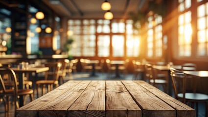Poster - Empty wooden surface set against a blurry cafe scene for product montage