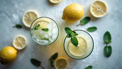 Aufkleber - Cool lemonade infused with lemon, mint, and ice in the background.