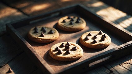 Poster - Homemade chocolate chip cookies arranged on a wooden tray in natural sunlight