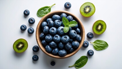 Poster - Top view of a wooden bowl containing ripe blueberries, baby kiwi, and spinach leaf for a natural food pattern