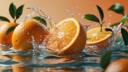 Poster - Juicy orange with splashing water and green leaves isolated background