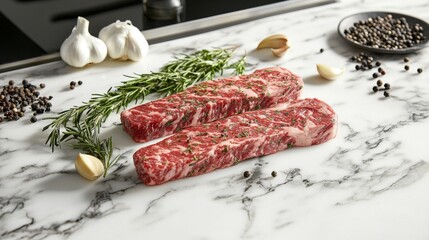 Poster - Thick steak fillets resting on a marble countertop, surrounded by fresh rosemary, garlic cloves, and black peppercorns ready for grilling.