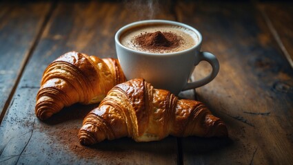 Aufkleber - Cup of cappuccino paired with croissants on a wooden tabletop