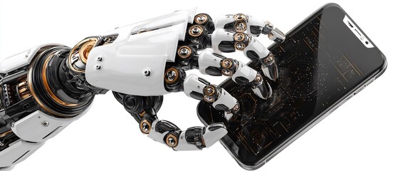Poster - Robotic hand holding smartphone with futuristic display showcasing advanced technology