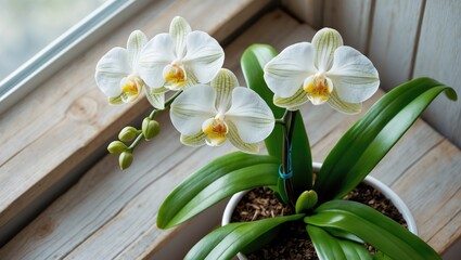 Aufkleber - Orchid in a planter on a wooden sill. Top-down view of a vibrant orchid.