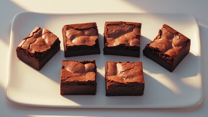 Poster - Sliced brownies from home on a white dish. A cherished chocolate delicacy for chocolate lovers. Sweet and cocoa-rich. Aerial view.