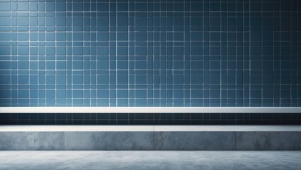 Poster - Macro perspective of a gray wall with a white shelf, showcasing an abstract tiled pattern or wallpaper background