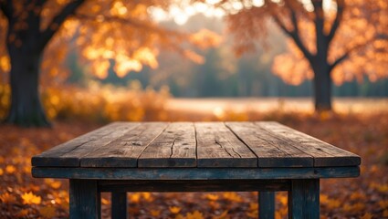 Poster - Autumn outdoor setting with an empty wooden table for catering or food background