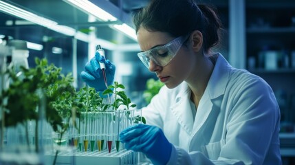 Poster - Research scientist conducting plant experiments in laboratory science facility botanical study controlled environment close-up view