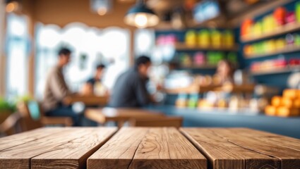 Poster - Modern wooden coffee table with a defocused store scene in the background
