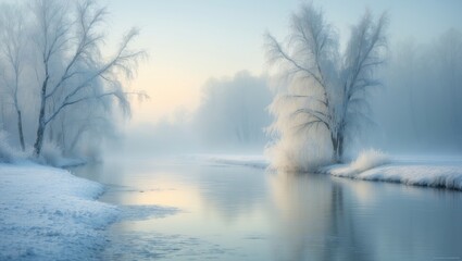 Poster - Peaceful winter environment with reflective water, soft light, and frosted trees in the background