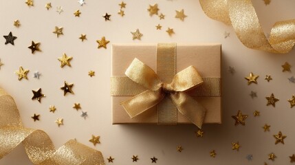 Aufkleber - Gift Box With Golden Ribbon and Shimmering Stars for Celebration Decorating Festive Occasion