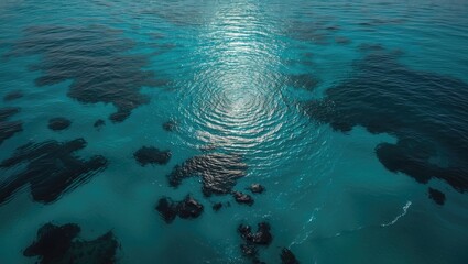 Poster - tropical ocean with clear, smooth water and sun reflection from above