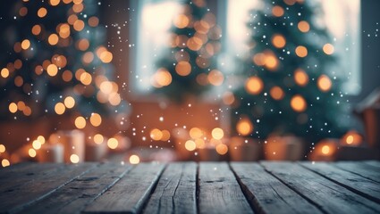 Poster - Hazy abstract Christmas tree decoration in a lovely house featuring a snowfall background and wooden floor texture for product advertising, promotion, showcase