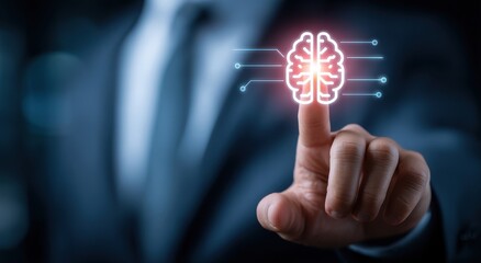 Poster - An executive businessman gestures towards a virtual display showing the results of a sophisticated AI learning system, embodying the idea of leveraging data and algorithms to mimic human learning